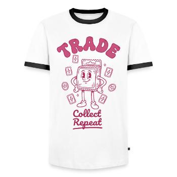 Trade Collect Repeat Trading Card Game Booster - Men's Ringer Shirt - white/black - Front - AI Model Female 172 light (172cm) & AI Model Male 178 dark (178cm)