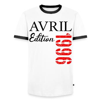 31e anniversaire Avril 1996  - T-shirt contrasté Homme - blanc/noir - Devant - AI Model Female 172 light (172cm) & AI Model Male 178 dark (178cm)