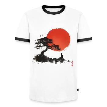 Zen au coucher du soleil au lac rocheux - T-shirt contrasté Homme - blanc/noir - Devant - AI Model Female 172 light (172cm) & AI Model Male 178 dark (178cm)