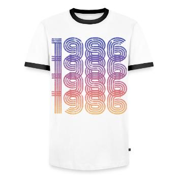 Millésime 1986 - T-shirt contrasté Homme - blanc/noir - Devant - AI Model Female 172 light (172cm) & AI Model Male 178 dark (178cm)