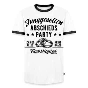 Enterrement de vie de garçon - Nom du membre du club - T-shirt contrasté Homme - blanc/noir - Devant - AI Model Female 172 light (172cm) & AI Model Male 178 dark (178cm)