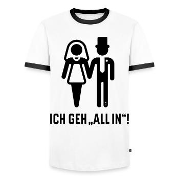Je me lance à fond ! (Mariage, Mariée et Marié, Enterrement de vie de garçon / B) - T-shirt contrasté Homme - blanc/noir - Devant - AI Model Female 172 light (172cm) & AI Model Male 178 dark (178cm)
