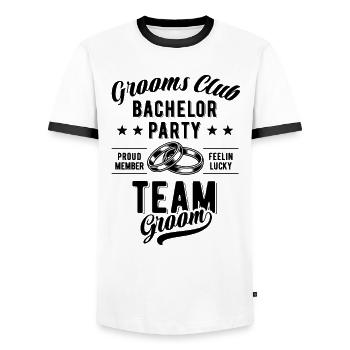 Marié d’équipe | Club des Mariés - Enterrement de vie de garçon JGA - T-shirt contrasté Homme - blanc/noir - Devant - AI Model Female 172 light (172cm) & AI Model Male 178 dark (178cm)