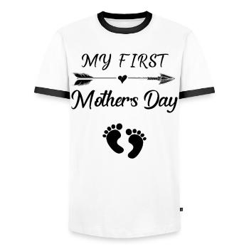 My First Mothers Day Pregnant Mom Shirt - Men's Ringer Shirt - white/black - Front - AI Model Female 172 light (172cm) & AI Model Male 178 dark (178cm)