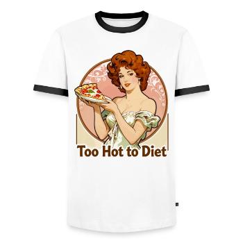 Pin-up Art nouveau : Femme élégante dégustant une pizza - T-shirt contrasté Homme - blanc/noir - Devant - AI Model Female 172 light (172cm) & AI Model Male 178 dark (178cm)
