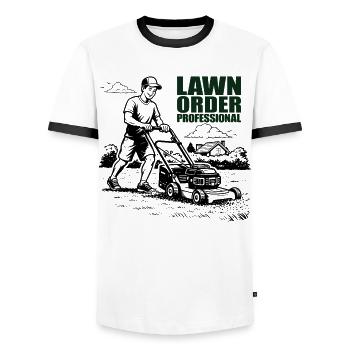 LAWN ORDER PROFESSIONAL Garden Lawn Care Professional - Men's Ringer Shirt - white/black - Front - AI Model Female 172 light (172cm) & AI Model Male 178 dark (178cm)