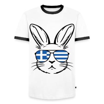 Griechische Oster-griechische Flagge Osterhase - Männer Kontrast-T-Shirt - Weiß/Schwarz - Vorne - AI Model Female 172 light (172cm) & AI Model Male 178 dark (178cm)