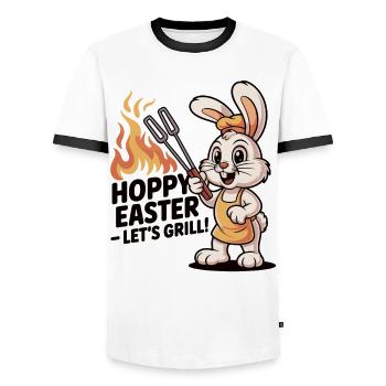 Hoppy Easter Let’s Grill T-Shirt Ostern BBQ Shirt - Men's Ringer Shirt - white/black - Front - AI Model Female 172 light (172cm) & AI Model Male 178 dark (178cm)