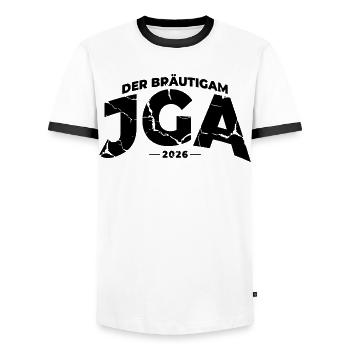 JGA 2026 Bräutigam Junggesellenabschied - Männer Kontrast-T-Shirt - Weiß/Schwarz - Vorne - AI Model Female 172 light (172cm) & AI Model Male 178 dark (178cm)