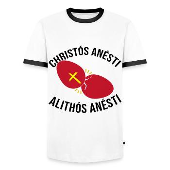 Greek Easter Christos Anesti Alithos Anesti - Men's Ringer Shirt - white/black - Front - AI Model Female 172 light (172cm) & AI Model Male 178 dark (178cm)