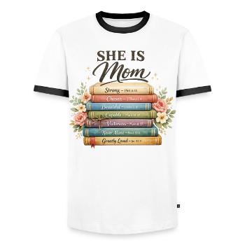 Bibelvers, Mama-Shirt – Stark, Schön, Auserwählt, - Männer Kontrast-T-Shirt - Weiß/Schwarz - Vorne - AI Model Female 172 light (172cm) & AI Model Male 178 dark (178cm)