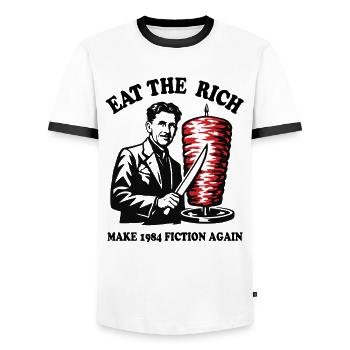 Eat the rich - George Orwell Cartoon - Döner Kebab - Männer Kontrast-T-Shirt - Weiß/Schwarz - Vorne - AI Model Female 172 light (172cm) & AI Model Male 178 dark (178cm)