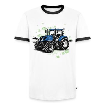 Blue Tractor – Vintage Halftone Trekker - Men's Ringer Shirt - white/black - Front - AI Model Female 172 light (172cm) & AI Model Male 178 dark (178cm)