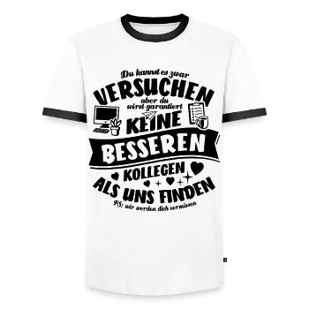 Kollegen - Jobwechsel - Kündigung - Spruch - Männer Kontrast-T-Shirt - Weiß/Schwarz - Vorne - AI Model Female 172 light (172cm) & AI Model Male 178 dark (178cm)