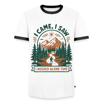 Found Solo Time | Hiking Introvert - Men's Ringer Shirt - white/black - Front - AI Model Female 172 light (172cm) & AI Model Male 178 dark (178cm)