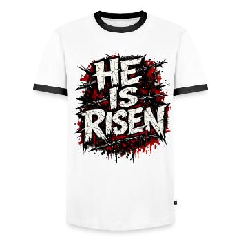 Er ist auferstanden Glaube Il est la foi ressuscitée - T-shirt contrasté Homme - blanc/noir - Devant - AI Model Female 172 light (172cm) & AI Model Male 178 dark (178cm)