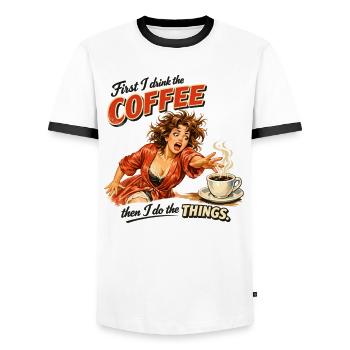 Retro Pin-Up : D’abord je bois le café - T-shirt contrasté Homme - blanc/noir - Devant - AI Model Female 172 light (172cm) & AI Model Male 178 dark (178cm)