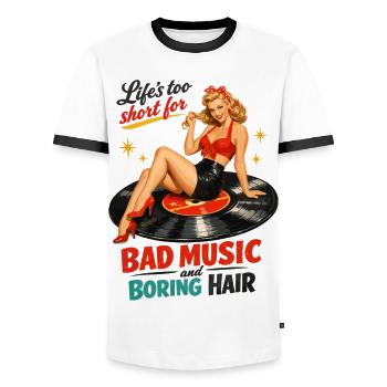 Pin-Up rétro sur disque vinyle : vinyle & rockabilly - T-shirt contrasté Homme - blanc/noir - Devant - AI Model Female 172 light (172cm) & AI Model Male 178 dark (178cm)