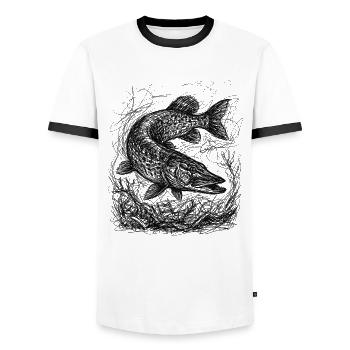 Hecht Angeln Design – Pike Fishing Sketch - Men's Ringer Shirt - white/black - Front - AI Model Female 172 light (172cm) & AI Model Male 178 dark (178cm)
