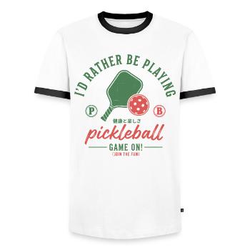 Pickleball-lustiger Spieler spielt Pickleball-Court - Männer Kontrast-T-Shirt - Weiß/Schwarz - Vorne - AI Model Female 172 light (172cm) & AI Model Male 178 dark (178cm)
