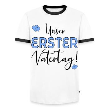 UNSER ERSTER VATERTAG - Männer Kontrast-T-Shirt - Weiß/Schwarz - Vorne - AI Model Female 172 light (172cm) & AI Model Male 178 dark (178cm)