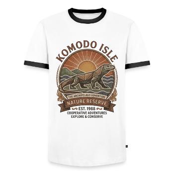 Komodo Dragon Adventure - Indonesia Vintage - Men's Ringer Shirt - white/black - Front - AI Model Female 172 light (172cm) & AI Model Male 178 dark (178cm)