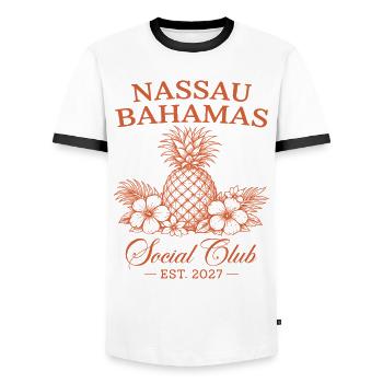 Nassau Bahamas Social Club Est 2027 - Männer Kontrast-T-Shirt - Weiß/Schwarz - Vorne - AI Model Female 172 light (172cm) & AI Model Male 178 dark (178cm)