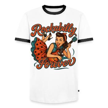Rockabilly Forever: Rockabella mit E-Gitarre - Männer Kontrast-T-Shirt - Weiß/Schwarz - Vorne - AI Model Female 172 light (172cm) & AI Model Male 178 dark (178cm)