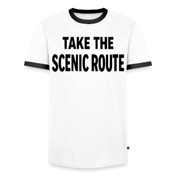 Take the scenic route Abenteuer Reise Spruch - Männer Kontrast-T-Shirt - Weiß/Schwarz - Vorne - AI Model Female 172 light (172cm) & AI Model Male 178 dark (178cm)