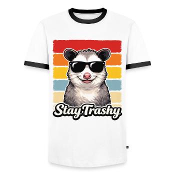 Stay Trashy Opossum Retro Funny Animal Shirt - Men's Ringer Shirt - white/black - Front - AI Model Female 172 light (172cm) & AI Model Male 178 dark (178cm)