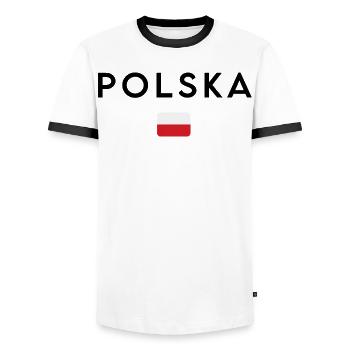 Drapeau de la Pologne, design minimaliste élégant - T-shirt contrasté Homme - blanc/noir - Devant - AI Model Female 172 light (172cm) & AI Model Male 178 dark (178cm)