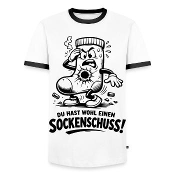Sockenschuss Illustration mit Spruch - Männer Kontrast-T-Shirt - Weiß/Schwarz - Vorne - AI Model Female 172 light (172cm) & AI Model Male 178 dark (178cm)