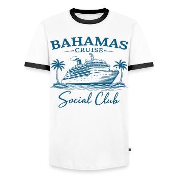 Bahamas Cruise Social Club - Men's Ringer Shirt - white/black - Front - AI Model Female 172 light (172cm) & AI Model Male 178 dark (178cm)