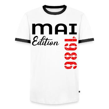 41. Geburtstag Mai 1986 - Männer Kontrast-T-Shirt - Weiß/Schwarz - Vorne - AI Model Female 172 light (172cm) & AI Model Male 178 dark (178cm)