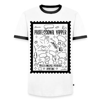 SLP Professional Yapper Pathology Assistant - Men's Ringer Shirt - white/black - Front - AI Model Female 172 light (172cm) & AI Model Male 178 dark (178cm)