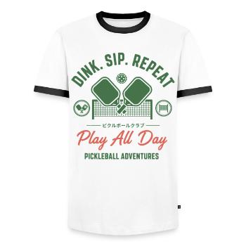 Pickleball Dink Sip Repeat Play All Day Adventures - Men's Ringer Shirt - white/black - Front - AI Model Female 172 light (172cm) & AI Model Male 178 dark (178cm)