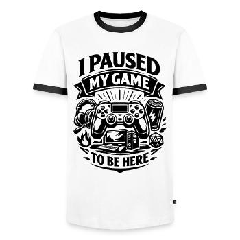 I Paused My Game to be here - Gamer Spruch - Men's Ringer Shirt - white/black - Front - AI Model Female 172 light (172cm) & AI Model Male 178 dark (178cm)