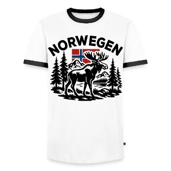 Norwegen Flagge - Berge Seen Wald Elch - Männer Kontrast-T-Shirt - Weiß/Schwarz - Vorne - AI Model Female 172 light (172cm) & AI Model Male 178 dark (178cm)