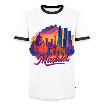 Madrid Skyline: Episch & Tropisch – Modern Art - Männer Kontrast-T-Shirt - Weiß/Schwarz - Vorne - AI Model Female 172 light (172cm) & AI Model Male 178 dark (178cm)