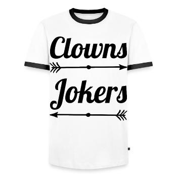 Clowns and Jokers Design – Narren & Spaßvögel - Männer Kontrast-T-Shirt - Weiß/Schwarz - Vorne - AI Model Female 172 light (172cm) & AI Model Male 178 dark (178cm)