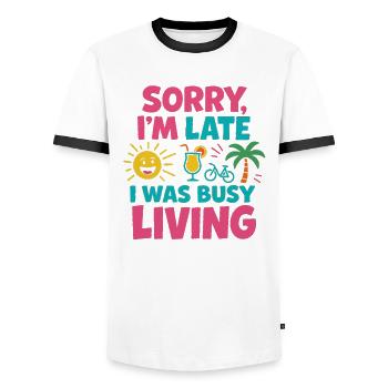 Entschuldigung, ich bin zu spät – Leben bunt - Männer Kontrast-T-Shirt - Weiß/Schwarz - Vorne - AI Model Female 172 light (172cm) & AI Model Male 178 dark (178cm)