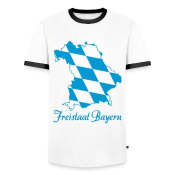 Freistaat Bayern Landkarte blau weiß Rautenmuster - Männer Kontrast-T-Shirt - Weiß/Schwarz - Vorne - AI Model Female 172 light (172cm) & AI Model Male 178 dark (178cm)