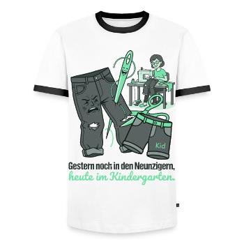 Lustiges Upcycling Jeans Kindergarten Näh Design - Männer Kontrast-T-Shirt - Weiß/Schwarz - Vorne - AI Model Female 172 light (172cm) & AI Model Male 178 dark (178cm)