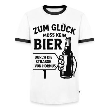 Bier Spruch Bierflasche  Strasse von Hormus - Männer Kontrast-T-Shirt - Weiß/Schwarz - Vorne - AI Model Female 172 light (172cm) & AI Model Male 178 dark (178cm)