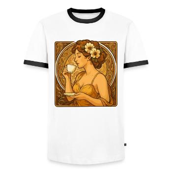 Art Nouveau Pin-Up: Elegant Woman with Coffee - Men's Ringer Shirt - white/black - Front - AI Model Female 172 light (172cm) & AI Model Male 178 dark (178cm)