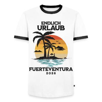Fuerteventura Urlaub 2026 Kanaren Reise Outfit - Männer Kontrast-T-Shirt - Weiß/Schwarz - Vorne - AI Model Female 172 light (172cm) & AI Model Male 178 dark (178cm)