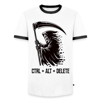 Ctrl Alt Delete Grim Reaper IT Humor Shirt - Men's Ringer Shirt - white/black - Front - AI Model Female 172 light (172cm) & AI Model Male 178 dark (178cm)