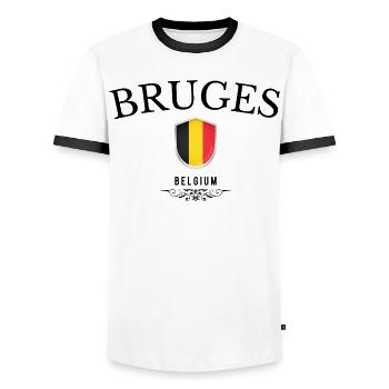 Bruges souvenir, Bruges au design élégant - T-shirt contrasté Homme - blanc/noir - Devant - AI Model Female 172 light (172cm) & AI Model Male 178 dark (178cm)