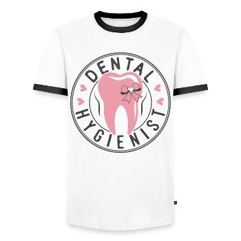 Pink Tooth Logo with Bow Dental Hygienists - Men's Ringer Shirt - white/black - Front - AI Model Female 172 light (172cm) & AI Model Male 178 dark (178cm)