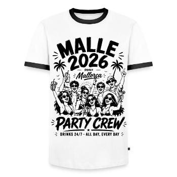 MALLE 2026 Party Crew 24/7 All Day, Every Day - Männer Kontrast-T-Shirt - Weiß/Schwarz - Vorne - AI Model Female 172 light (172cm) & AI Model Male 178 dark (178cm)